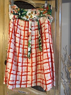 Maeve Anthro Floral Waistband Red Grid A-Line Skirt